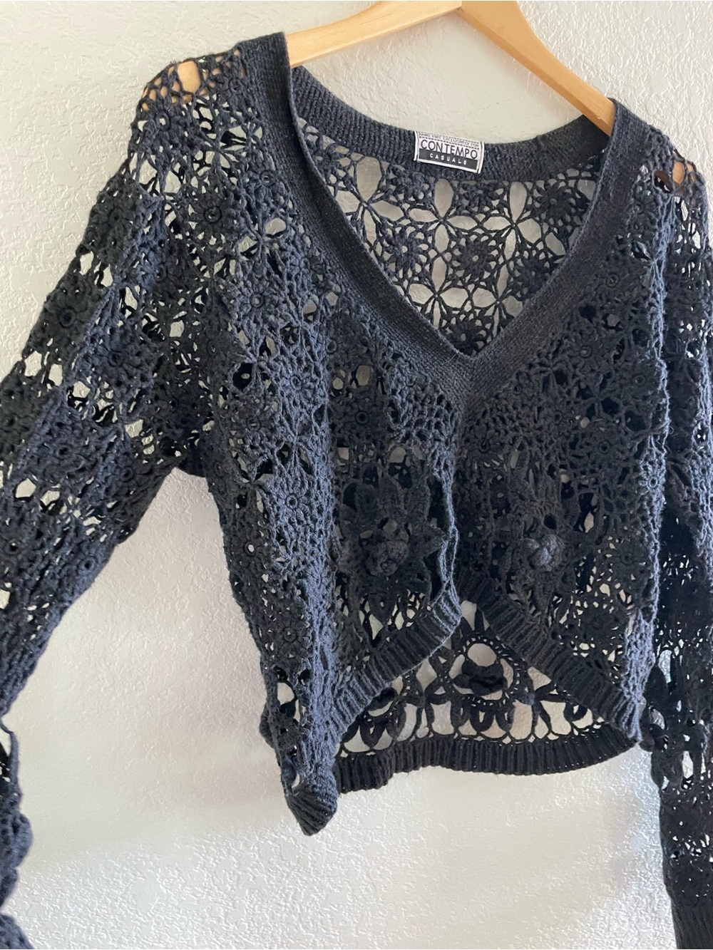 Vintage 90s Hand Knit Crochet Long Sleeve Sweater Top Blouse Black Cottagecore - Picture 3 of 10